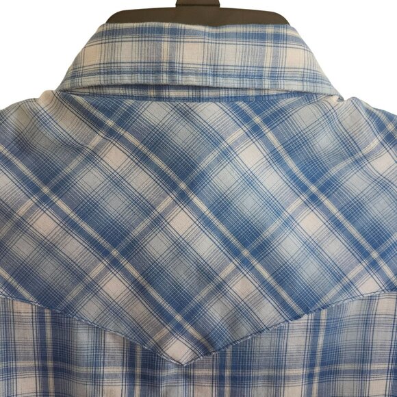 Large Wrangler Mens Western Blue Plaid Short Sleeve Shirt Pearl Snap Buttons - Picture 5 of 12